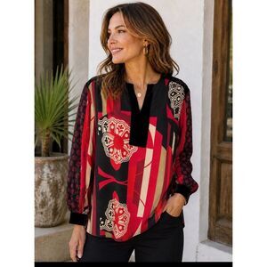 Chicos Asian Art To Wear Top 1 S Red Black Long Sleeve Velvet Trim Popover